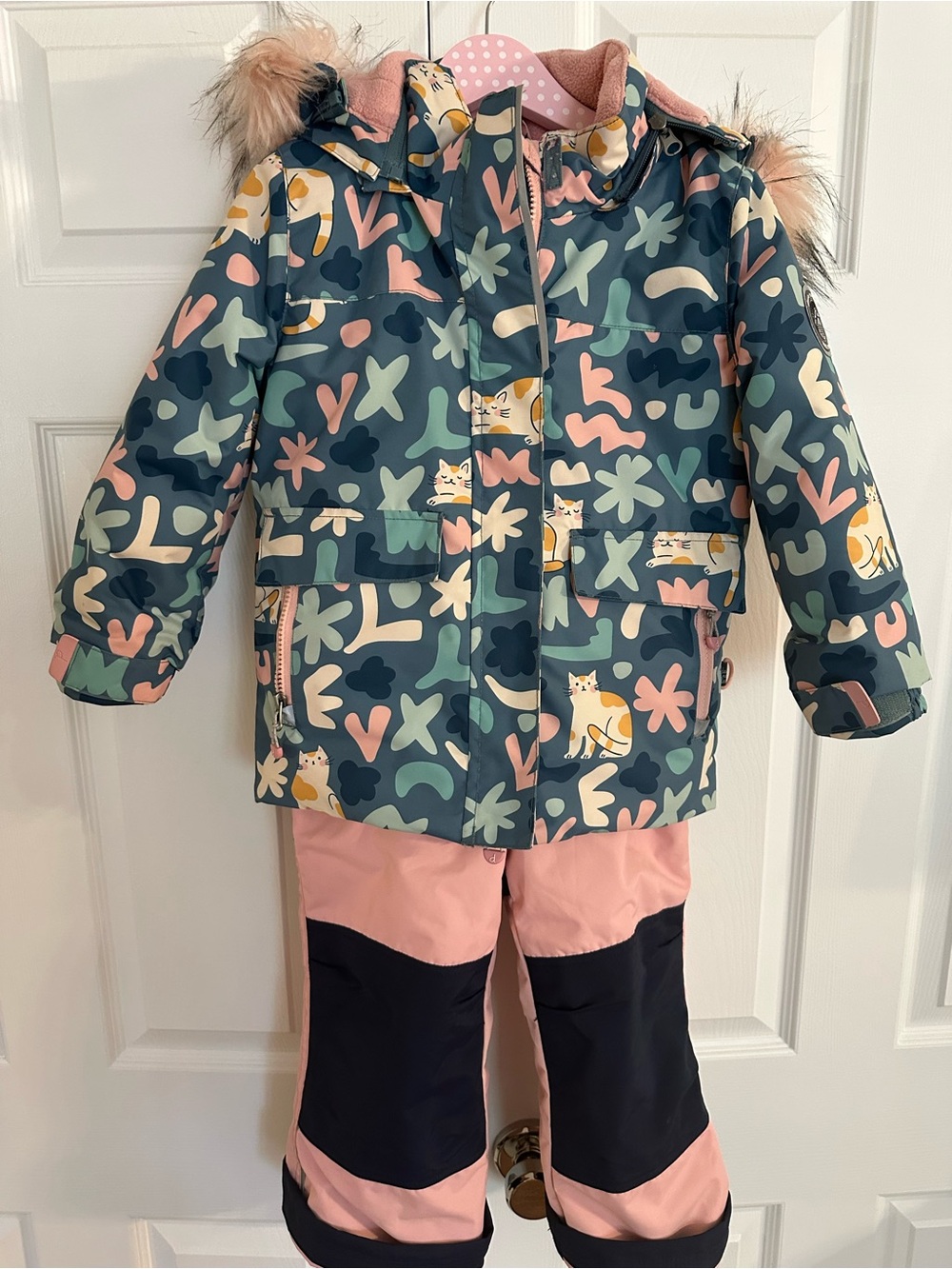 deux par deux Teal Jacket & Pink Black Snow Pants with Cat Print